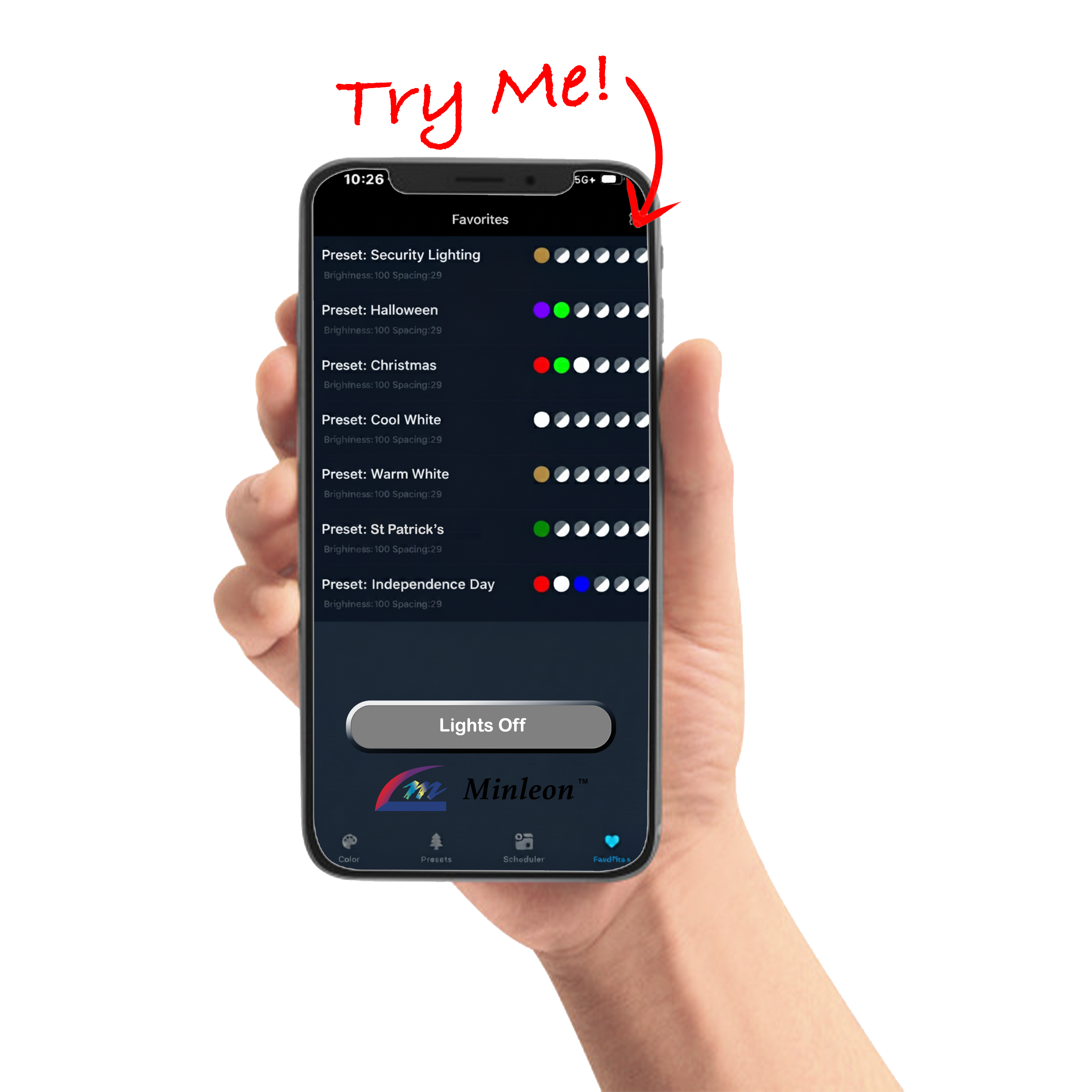 Hand holding phone with lighting control app interface